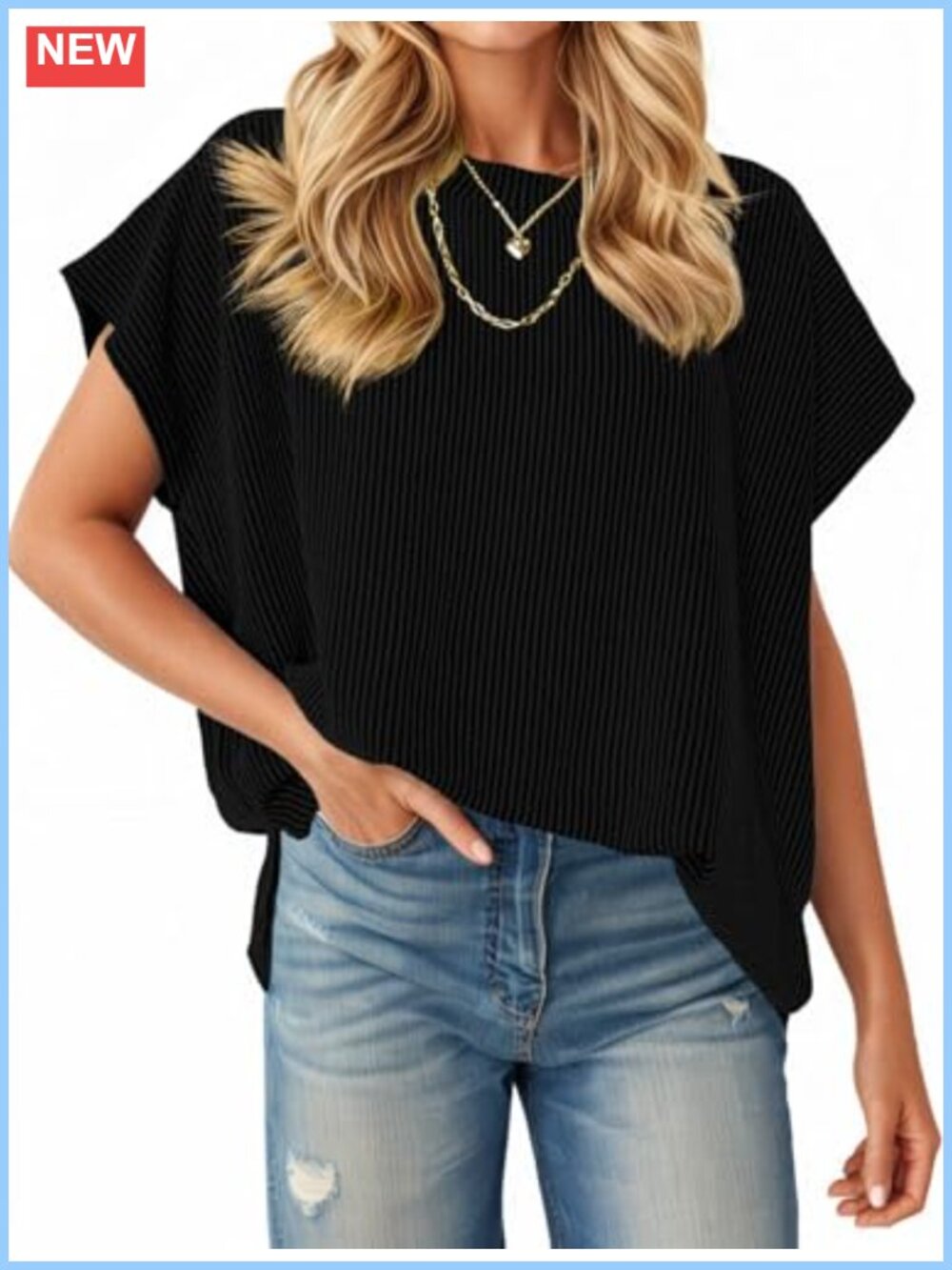 Women's Oversized Ribbed Knit Tunic Cap Sleeve Tee